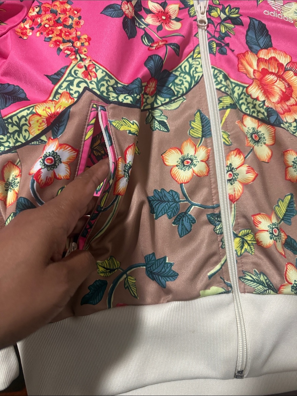 Farm rio x adidas Pink Floral Track Jacket with Tan Panels Sz S - Picture 6 of 14
